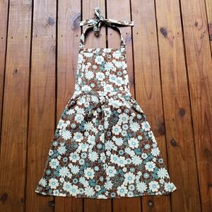 New brown, blue, white floral flower print retro cooking apron
